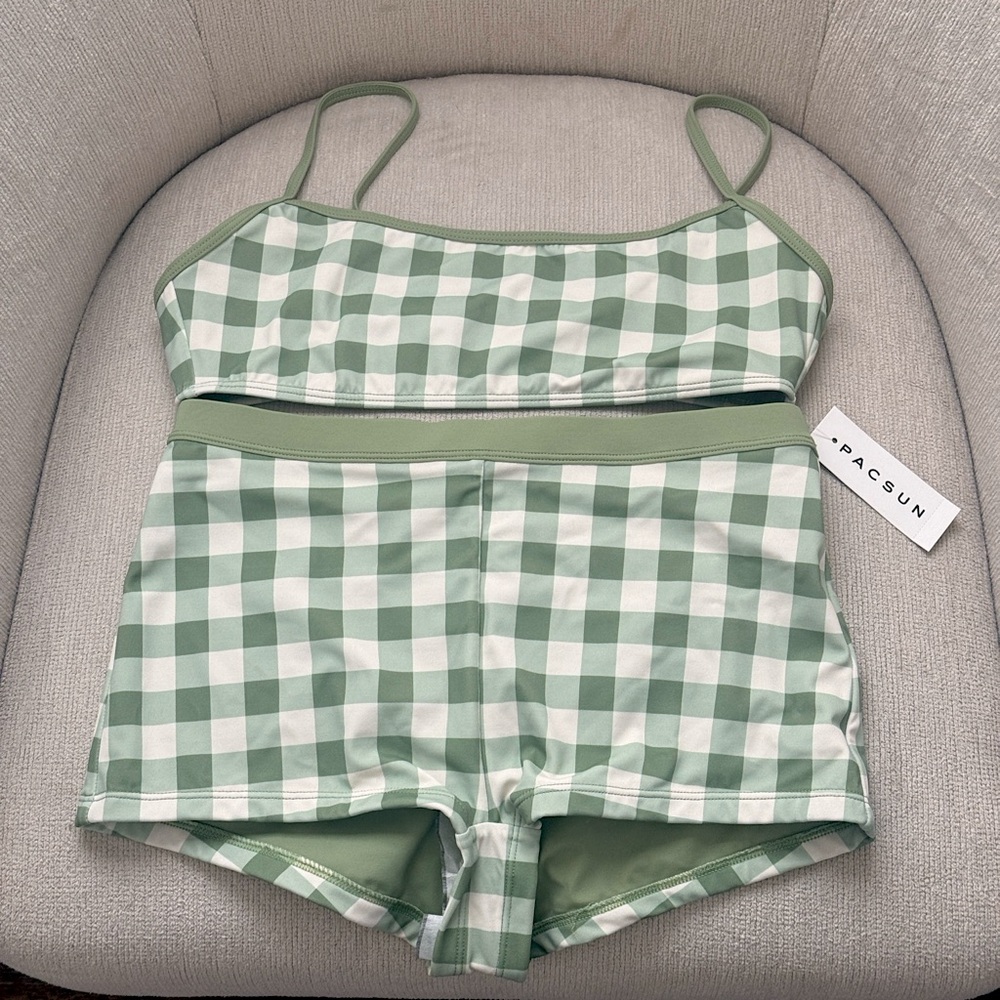 PacSun Green and White Gingham Tankini Set